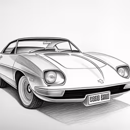 an old car is shown in a sketch style,a drawing of a sports car sitting on a wall
