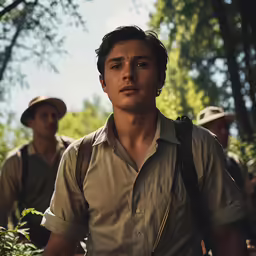 a young man wearing a brown shirt and a cross body bag