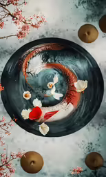 a close up of a fish inside a bowl with flowers