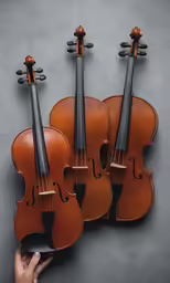 someone holds their cell phone in front of three violin heads