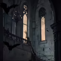 a scary staircase leads to some big windows