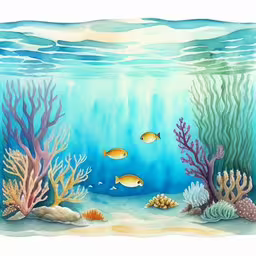 a drawing of some kind of ocean creature with fish,two fishes swim over a coral reef with blue water and light colored fish,a watercolor painting of an underwater landscape with fish,watercolor painting of fish and corals,the painting is of a coral and other marine life