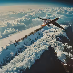 a large airplane flying over mountains, covered in snow