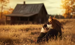 the dog and the person are lying in the grass