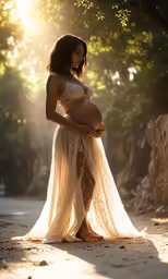 a pregnant woman poses in a long dress