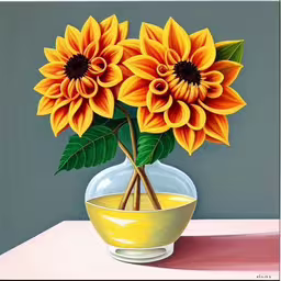 oil painting of three flowers in a glass vase,a painting of a vase with three large sunflowers inside,there is a yellow vase with flowers in it,painting of sunflowers in a vase with two smaller yellow flowers,this is a painting of a vase with three sunflowers in it