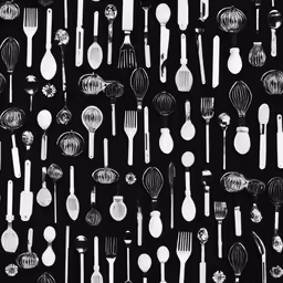 a collection of black and white kitchen utensils