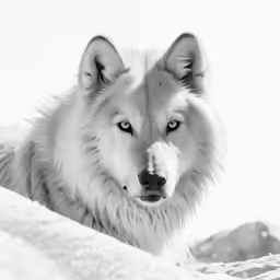 the large wolf is standing on the snowy hill