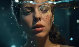 a beautiful young woman with teary eyes stares at the camera through water bubbles