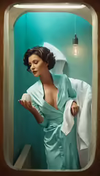 a woman in a blue dress holding onto a cup