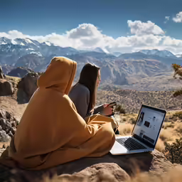 two women are sitting with laptops on the rocky mountain