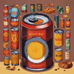 cans and other beverages sitting on top of a wooden table,an illustration of some cans and cans that are on the table