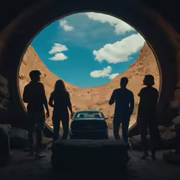 three people standing in the shade looking at a car