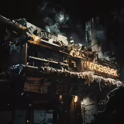 an industrial building lit up with lights and decorations