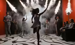 a woman in a black and white dress dancing