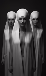 four heads, in long dress and with white veils on their head