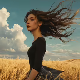 a woman wearing a black top and dress standing in a field