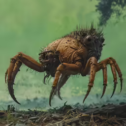 a close up of a giant crab in front of a green wall