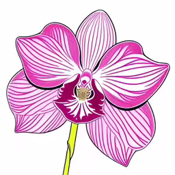 a purple flower with striped petals sitting next to a yellow stem,a flower drawn in color with a white background,a single flower with pink stripes,an orchid flower with purple petals is shown in color,an orchid flower drawing in pink and purple