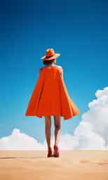 a woman in an orange dress is looking at the sky