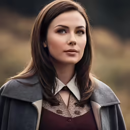 an older woman poses wearing a gray coat