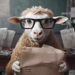 a sheep with glasses holding something to his face