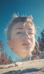 a young woman sitting on the sand on a sunny day