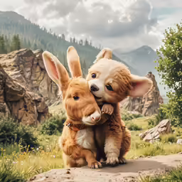 a dog and a baby rabbit are on the ground