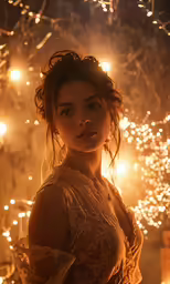 a woman in a golden dress is posing for the camera