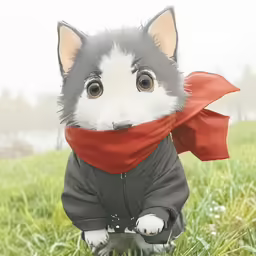 a gray and white dog wearing a red scarf sitting on grass