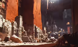 a hand touches the floor inside a very bad looking city