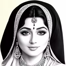 a black and white drawing of a woman wearing a head piece