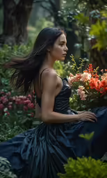 woman in dress near flowers in a wooded area
