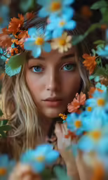 a woman posing with flowers in her hair