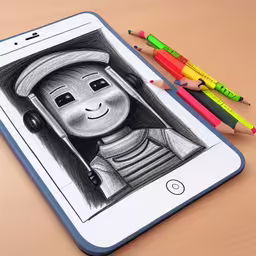 a cartoon cell phone with pencils and a drawing,a cartoon tablet with pencils next to it and an illustration of a man