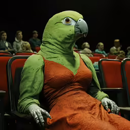 a lady in a bird mask sitting in a chair