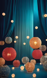 many lanterns hanging from a ceiling next to a curtain