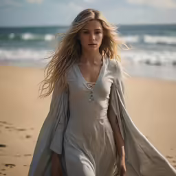 a woman walking on the beach in a long dress