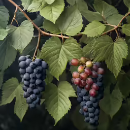 the fruits have berry clusters hang from a vine