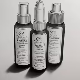 three bottles with labels on them in black and white