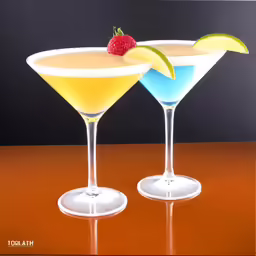 the three martinis are decorated with fruit and lime