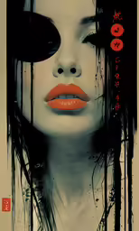 a woman with dark hair and orange lips