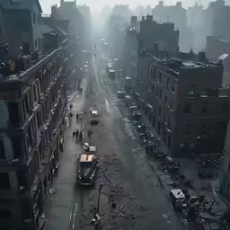 the city street is foggy and dirty but it looks to be a very congested