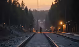 the silhouette of a person standing on the railroad tracks at night