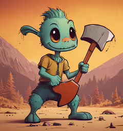 cartoon character with axe and yellow shirt,an image of a cartoon character holding a large axe