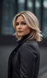 woman with blonde bobble hair standing near glass building