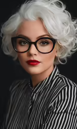 a woman with white hair and glasses wearing black and white stripes