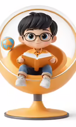 an animated figure of a child sitting on an orange chair reading a book