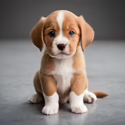 puppy posing for camera on floor with black background