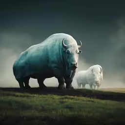 a couple of rhinoceros are standing in a field